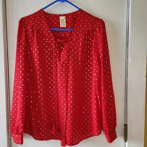 Faded Glory red semi-sheer chiffon lace-up top with a silver foil pattern SM
